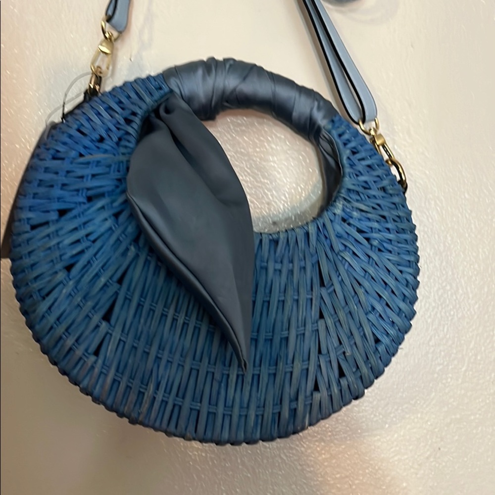 Blue Crescent Shoulder Bag with Pleated Design